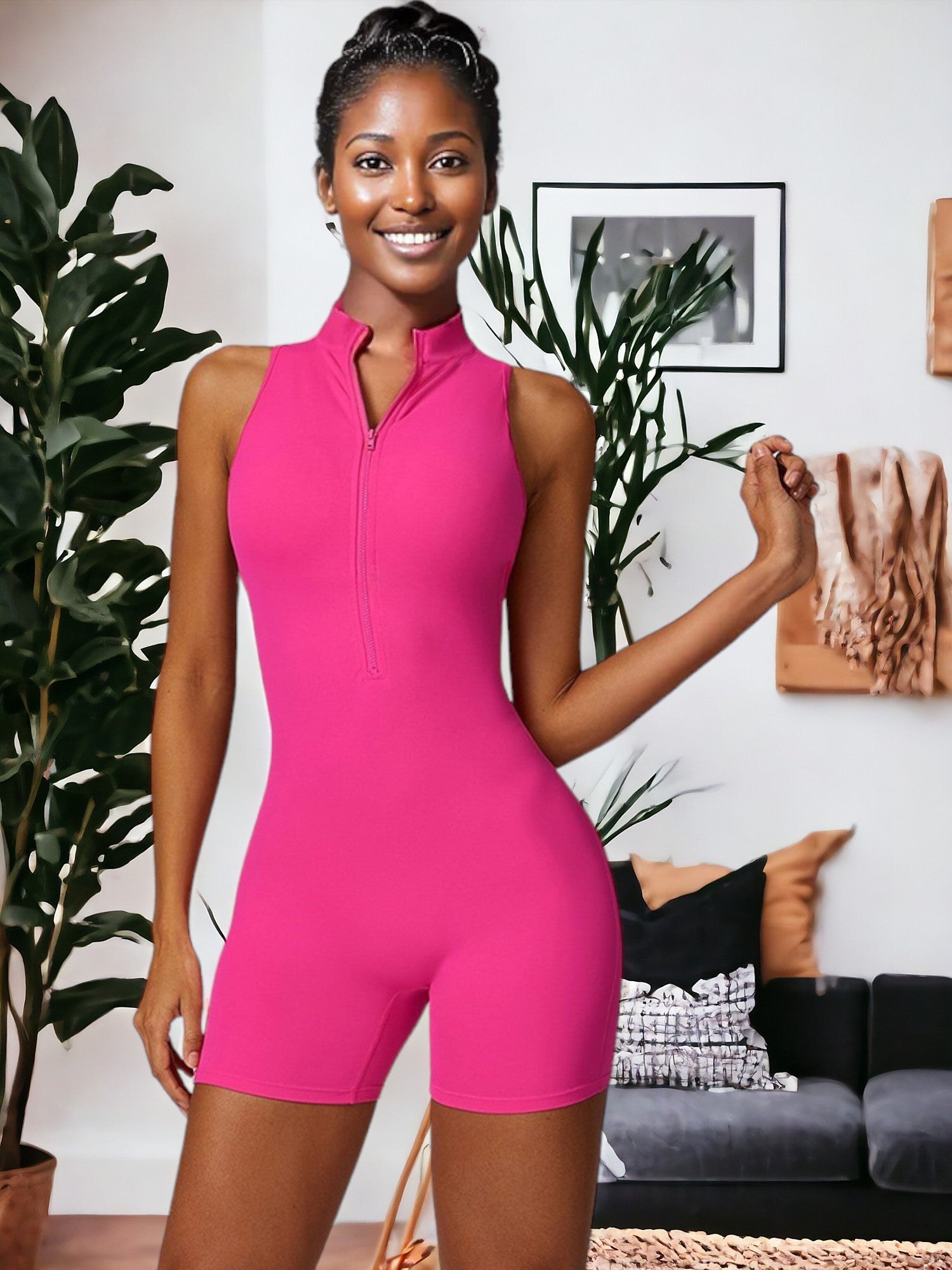 Traje de fitness de una pieza sin mangas con cremallera
