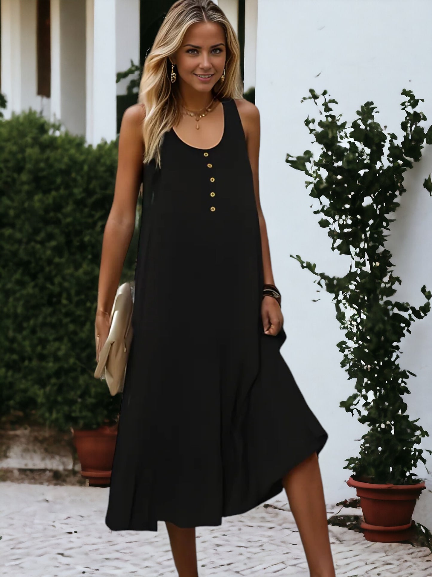 Vestido midi sin mangas con botones en la parte delantera, corte A y capas