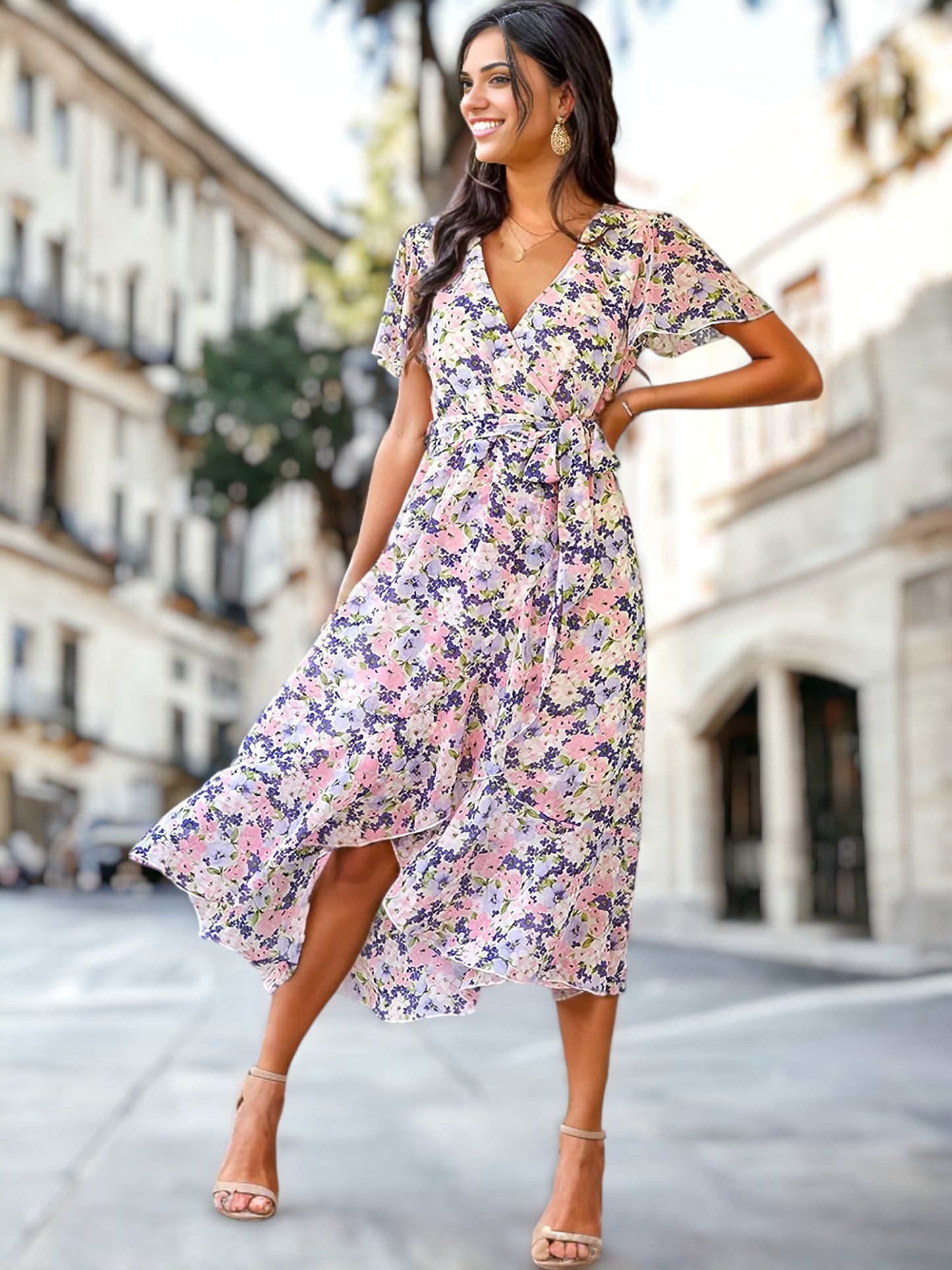 Vestido cruzado con mangas abullonadas y estampado floral 