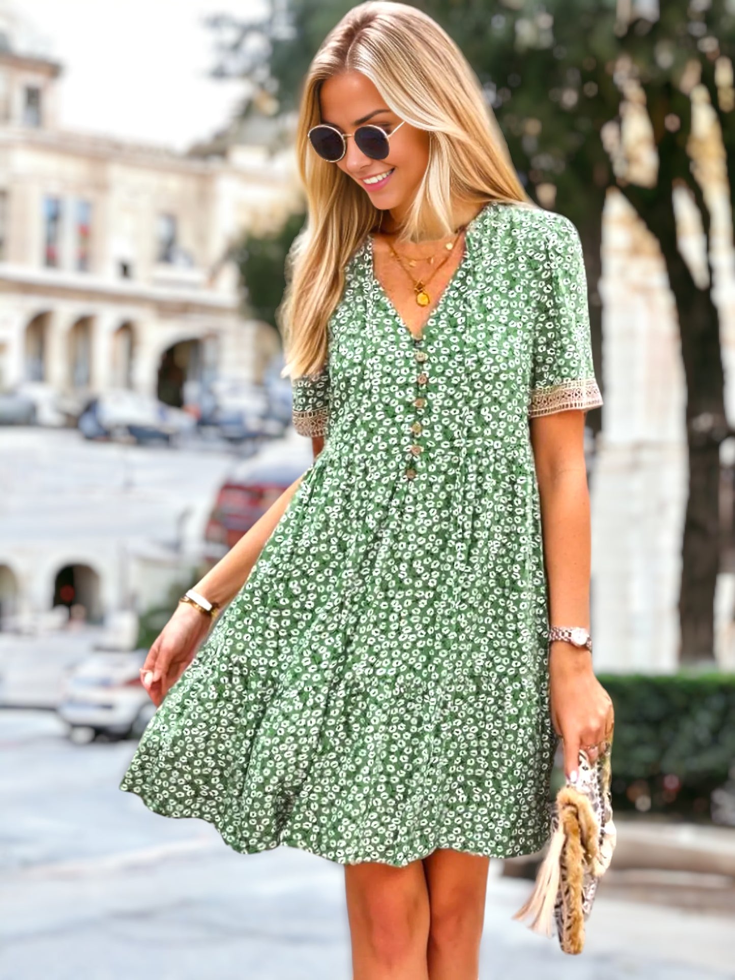 Crochet Trim Ditsy Floral Dress