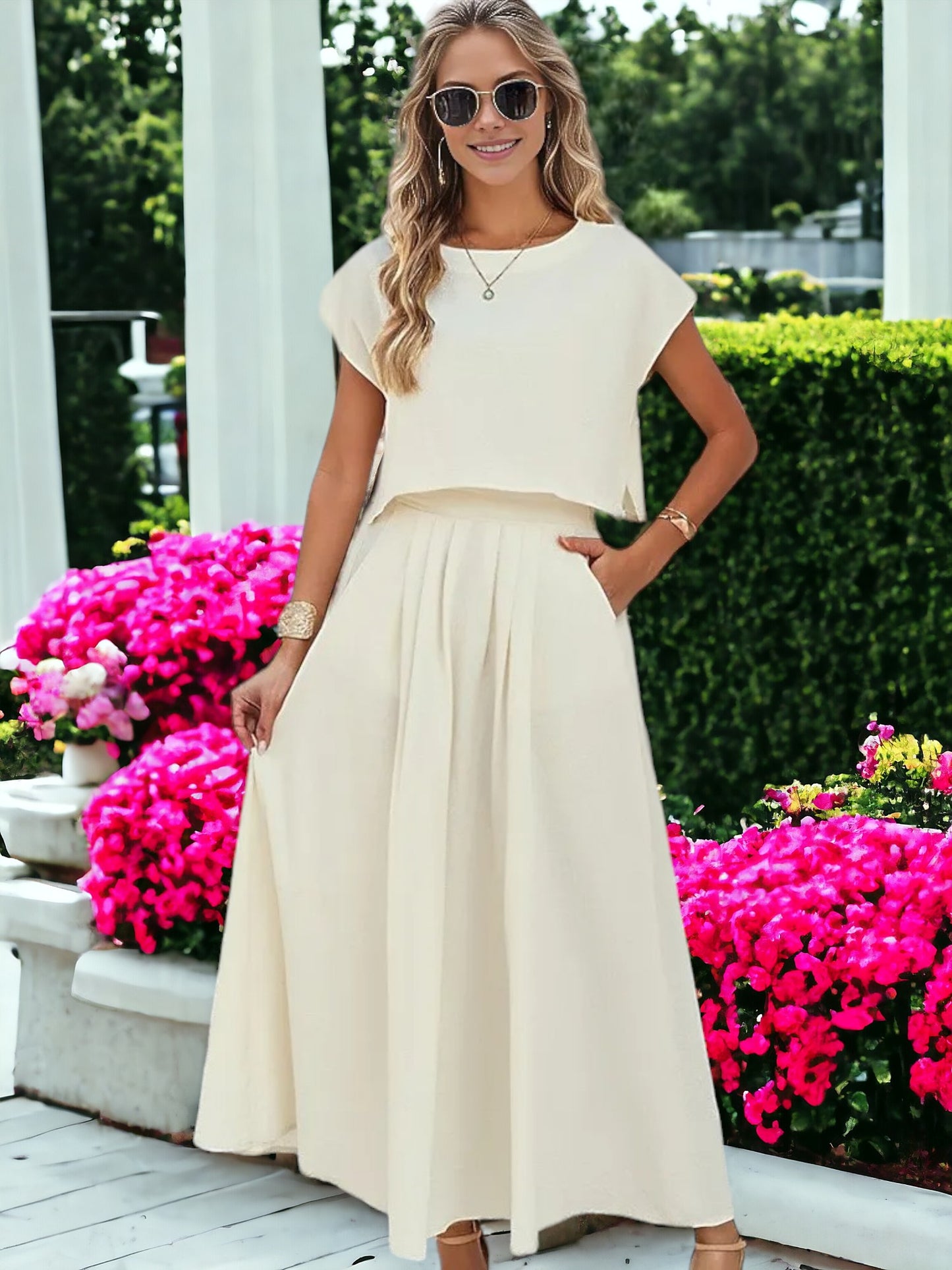 Two Piece Set Casual Short Sleeved Crop Top And Long Skirt