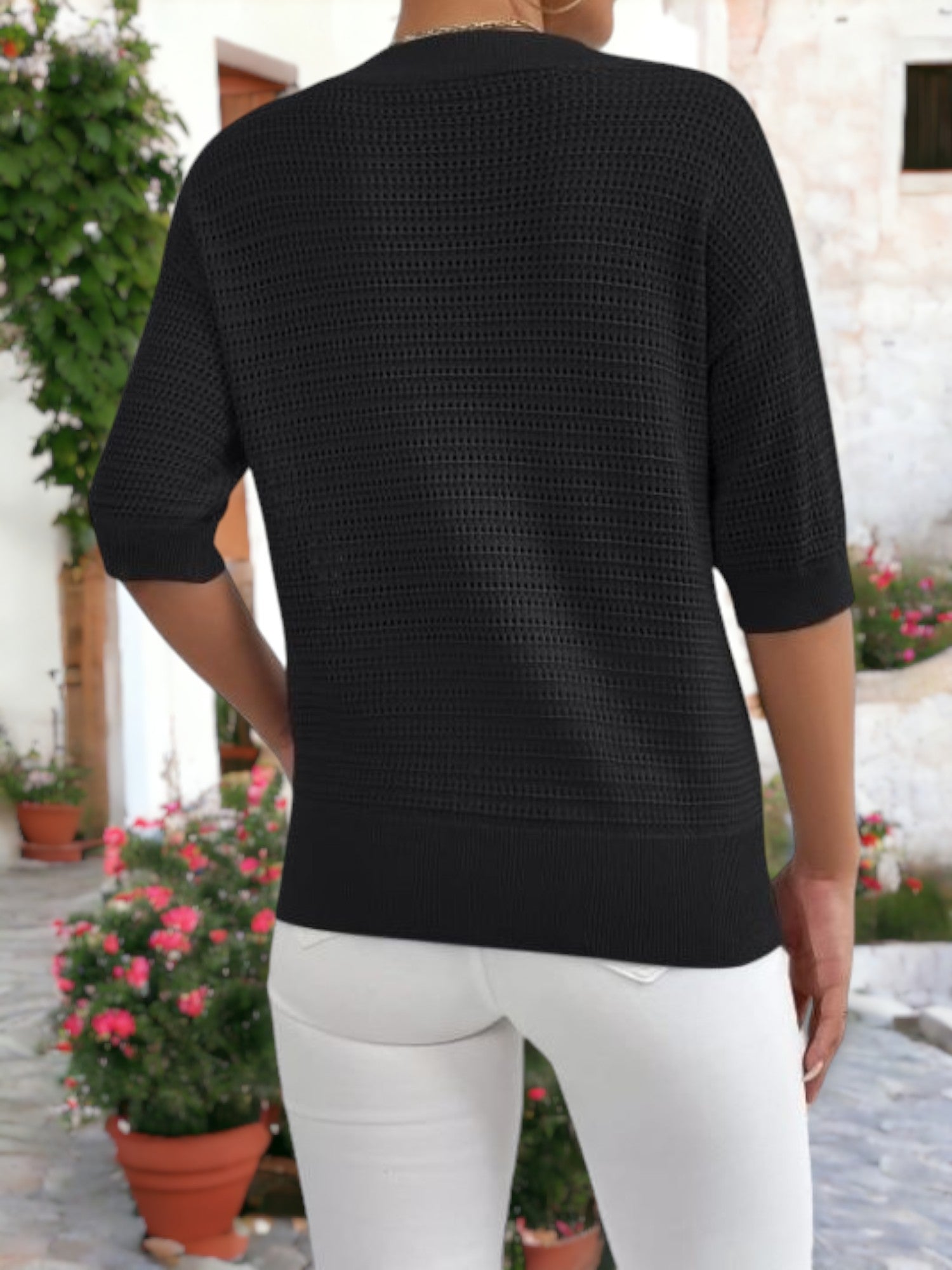 Mid-Sleeved V-Neck Knitted Mesh Henley Sweater