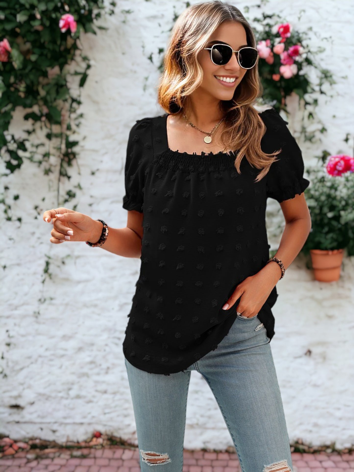 Shirred Square Neck Puff Sleeve Blouse