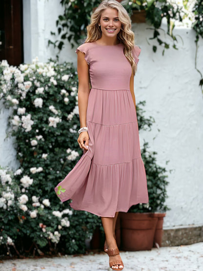 Shirred Ruffle Sleeve Midi Dress