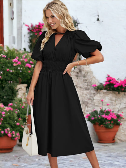 V-Neck Puff Sleeved Smocked Waist Detail Mid-Length Dress
