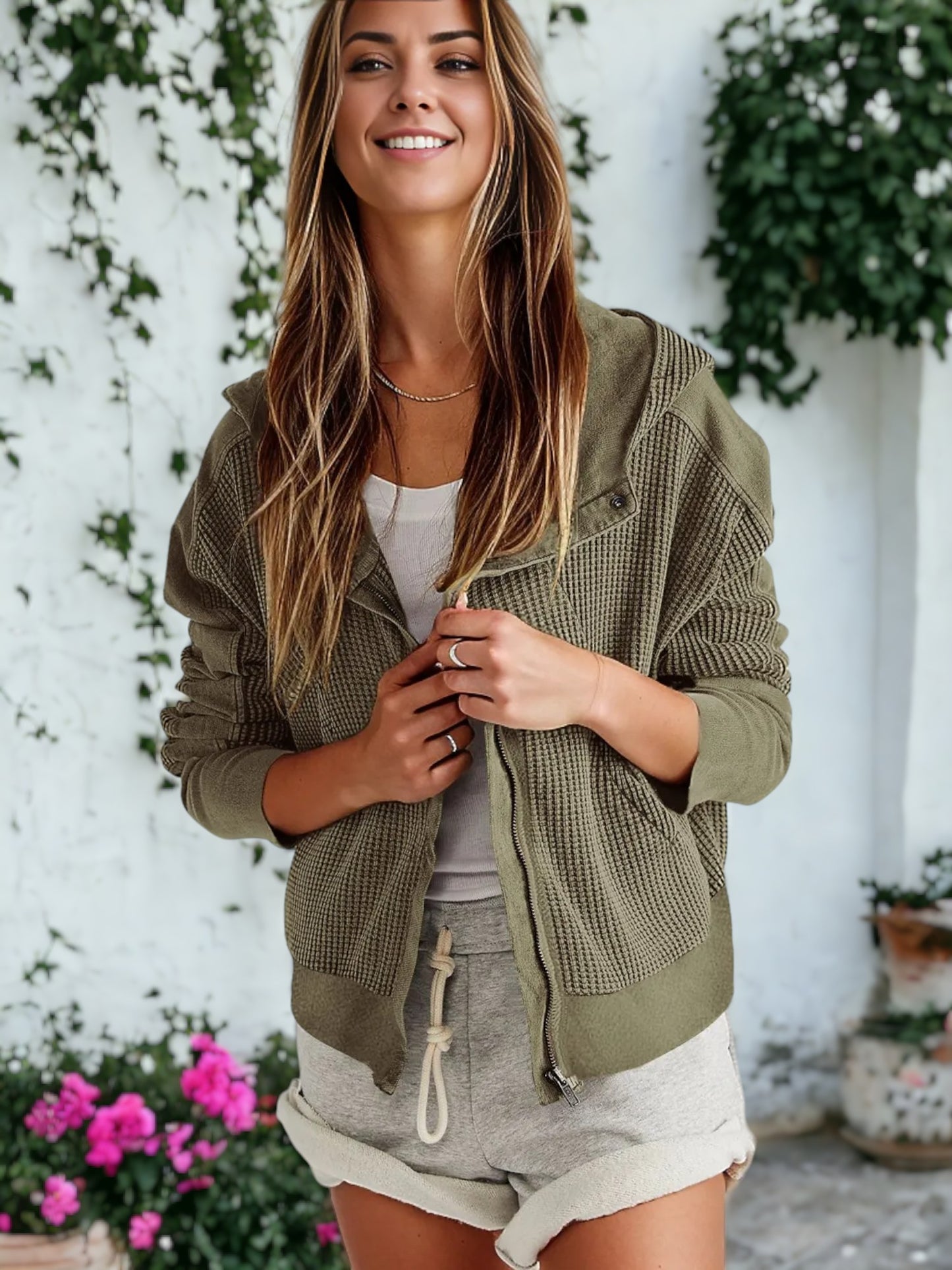 Waffle Knit Button Neck Jacket