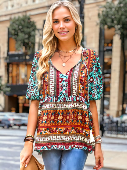 Tassel Tie Neck Puff Sleeve Top