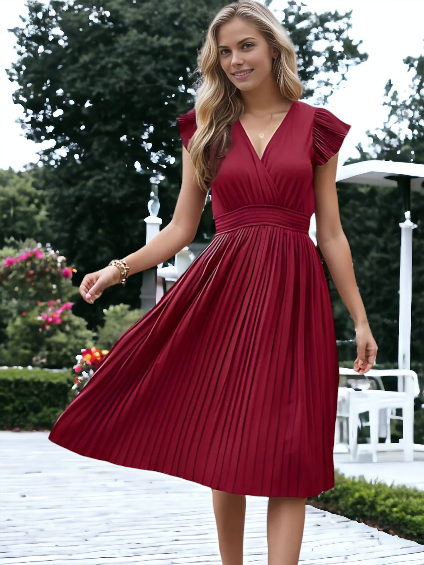 V-Neck And Smock Waisted Pleated Midi Dress With Ruffle Sleeve