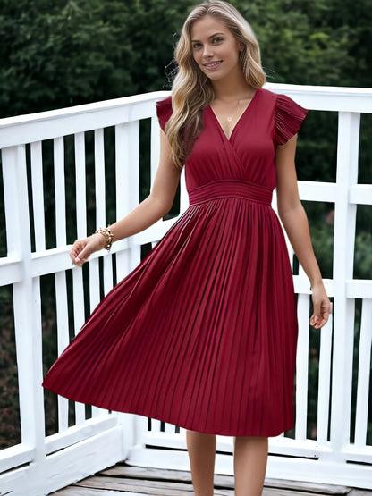 V-Neck And Smock Waisted Pleated Midi Dress