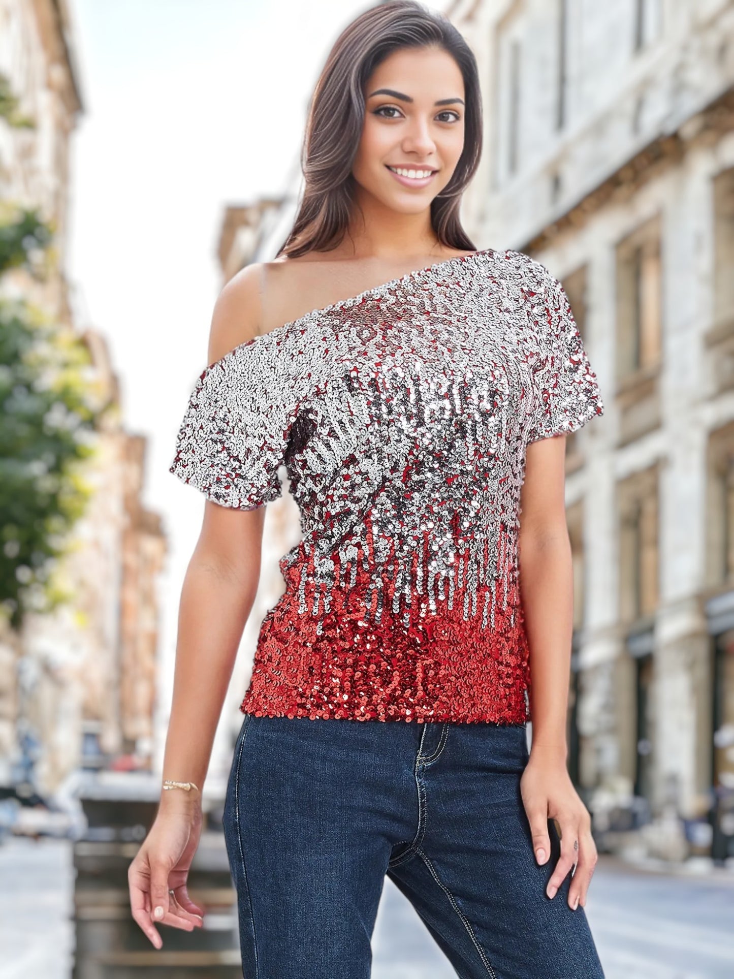 Blusa de lentejuelas con mangas cortas y un hombro
