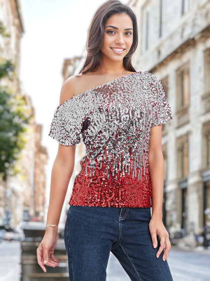 Blusa de lentejuelas con mangas cortas y un hombro