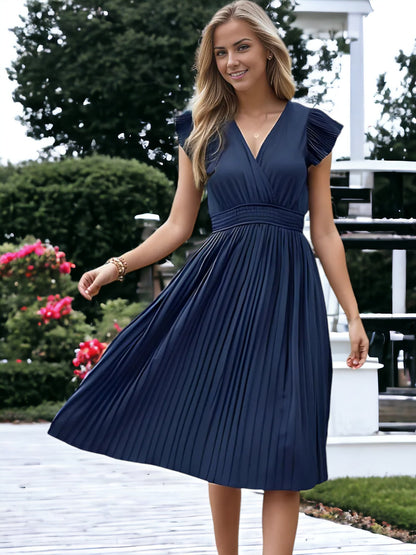 V-Neck And Smock Waisted Pleated Midi Dress With Ruffle Sleeve