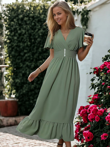 V-Neck Flared Ruffle Sleeve Button Detail Dress