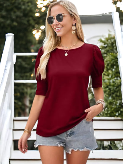 Blusa informal de cuello redondo y mangas abullonadas para mujer