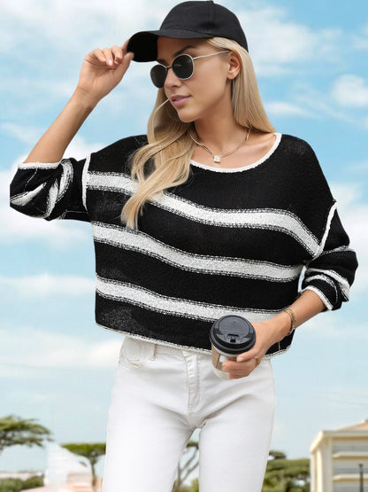 Anna-Kaci Women's Striped Long Sleeve Knit Sweater with Crew Neck