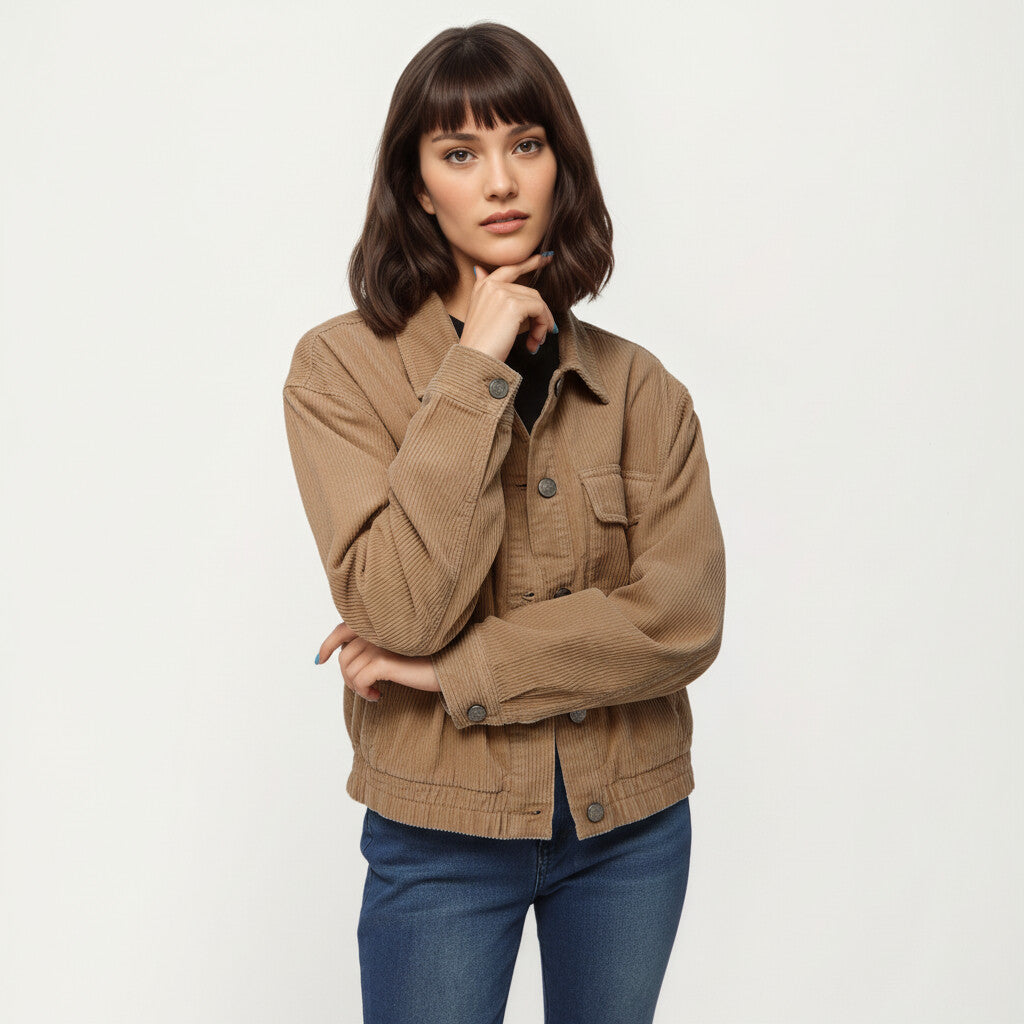 Anna-Kaci Women's Button Front Utility Jacket with Soft Corduroy Texture and Structured Collar Design