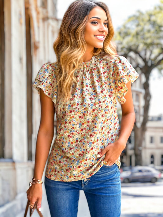 High Neck Tiered Sleeve Blouse