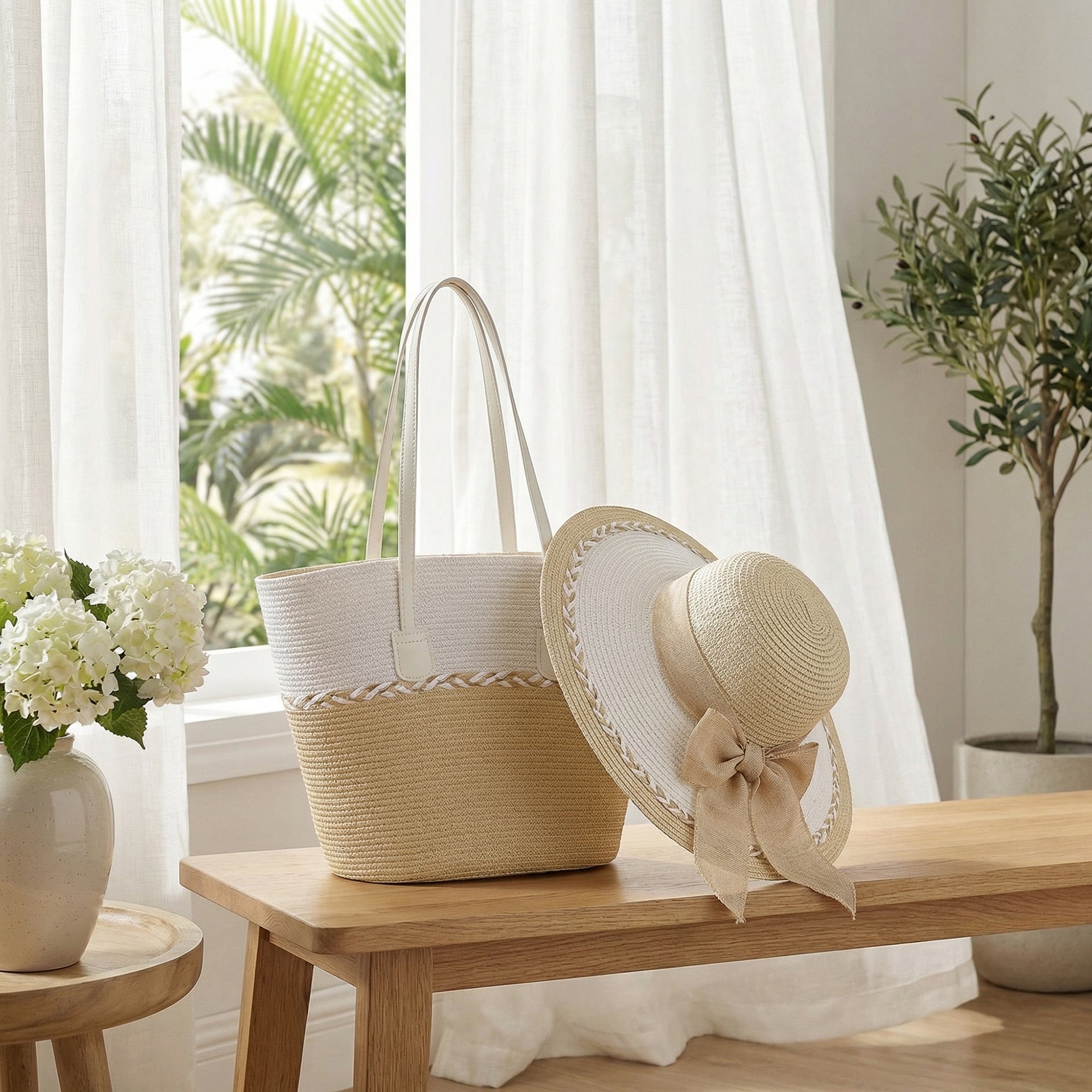 Anna-Kaci Straw Sun Hat and Tote Bag Set Woven Two Tone Design with Bow Wide Brim Beach Accessories