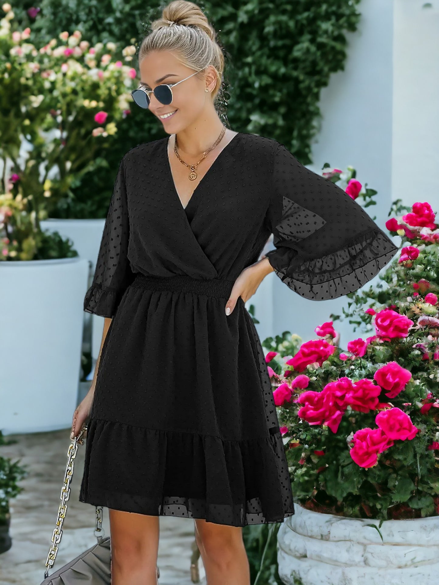 V Neck Bell Sleeve Swiss Dot A-Line Elastic Waist Ruffle Hem Short Dress