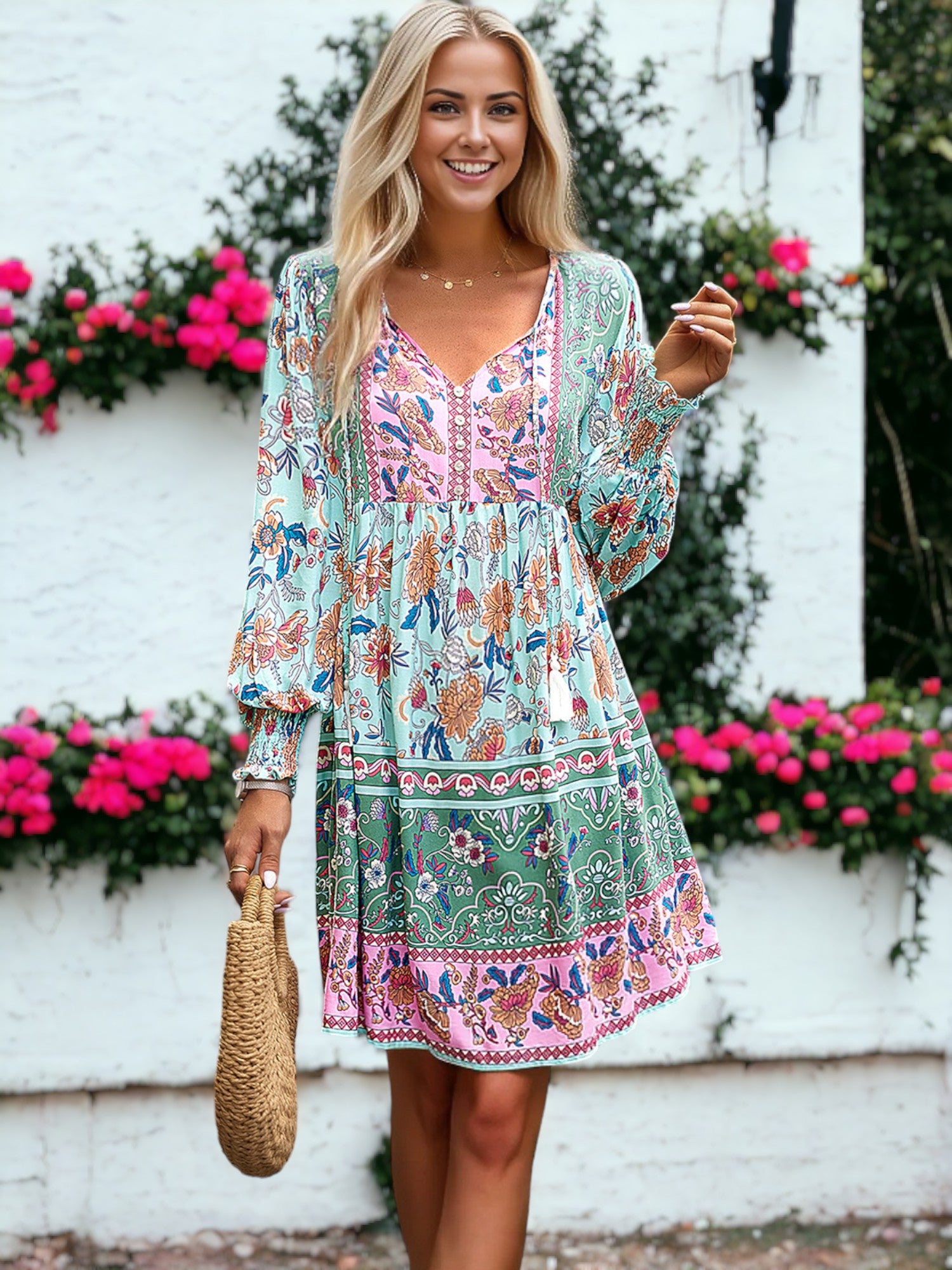 Tassel Tie Neck Boho Print Dress for Women Above Knee Length – Anna-Kaci