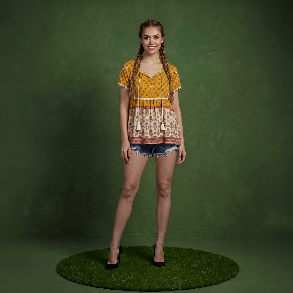 Blusa bohemia con flores y ribetes de crochet