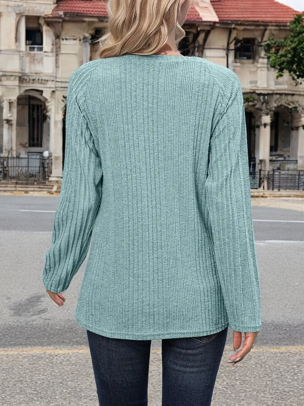 Blusa de punto acanalado de manga larga para mujer de Anna-Kaci con detalle de botones y escote redondo