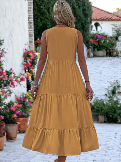 Vestido midi bohemio con volantes, cuello en V y botones detallados para mujer