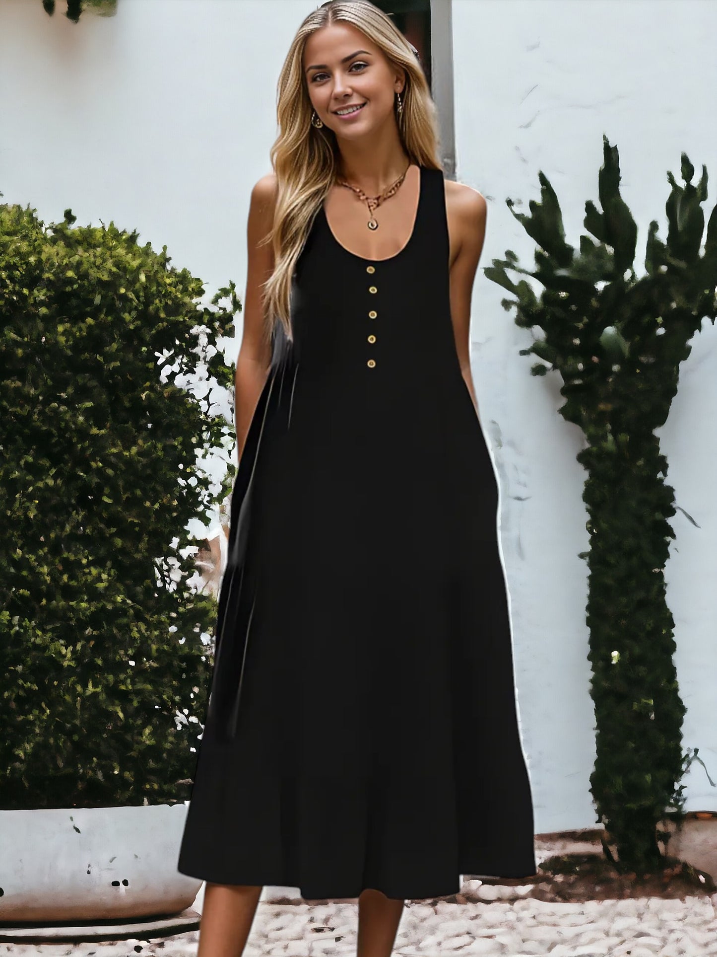 Vestido midi sin mangas con botones en la parte delantera, corte A y capas