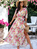 Floral Printed Midi Puffed Sleeve Wrap V-Neck Maxi Dress