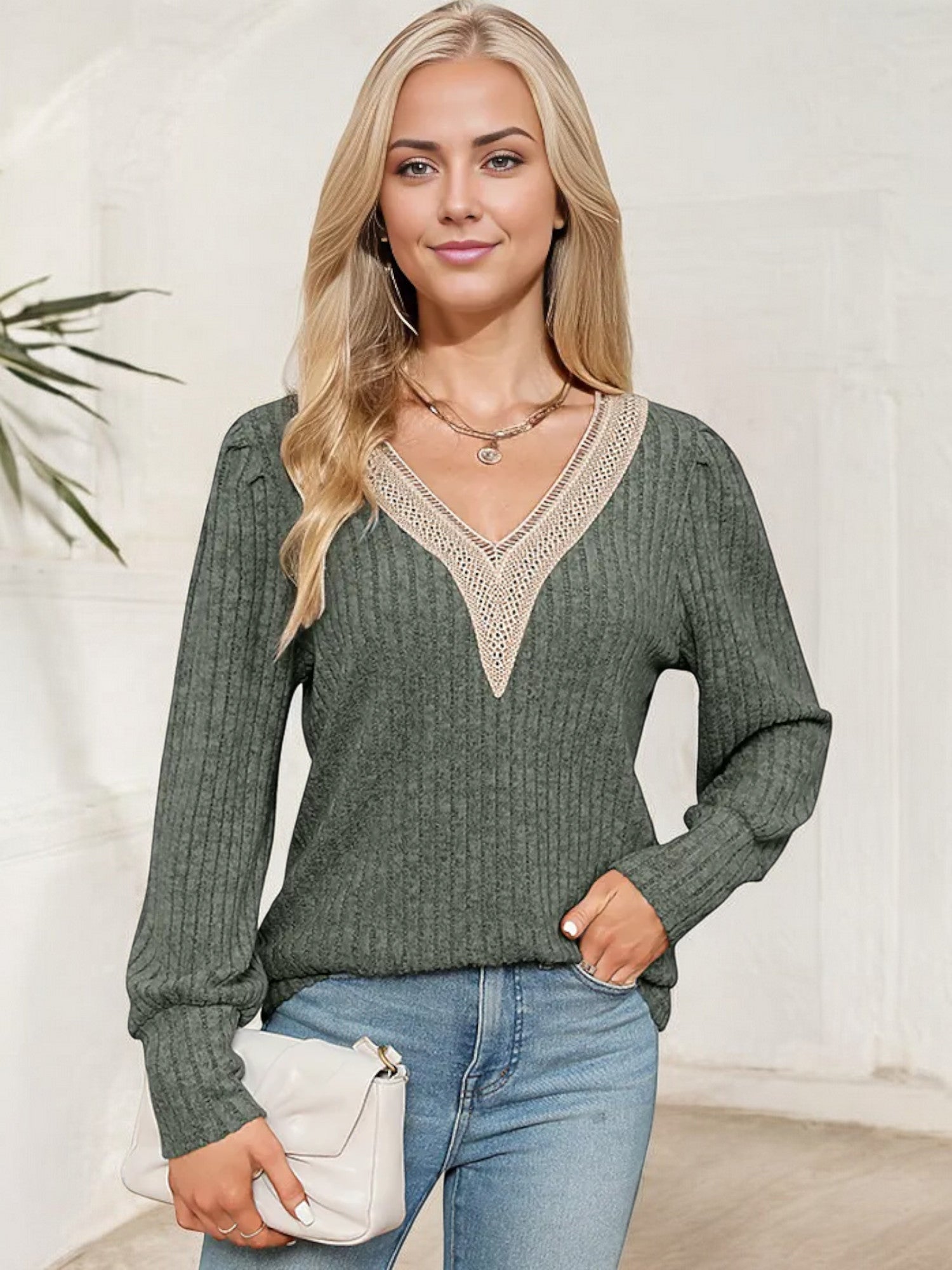 Women's V-Neck Ribbed Knit Sweater with Lace Trim Detail