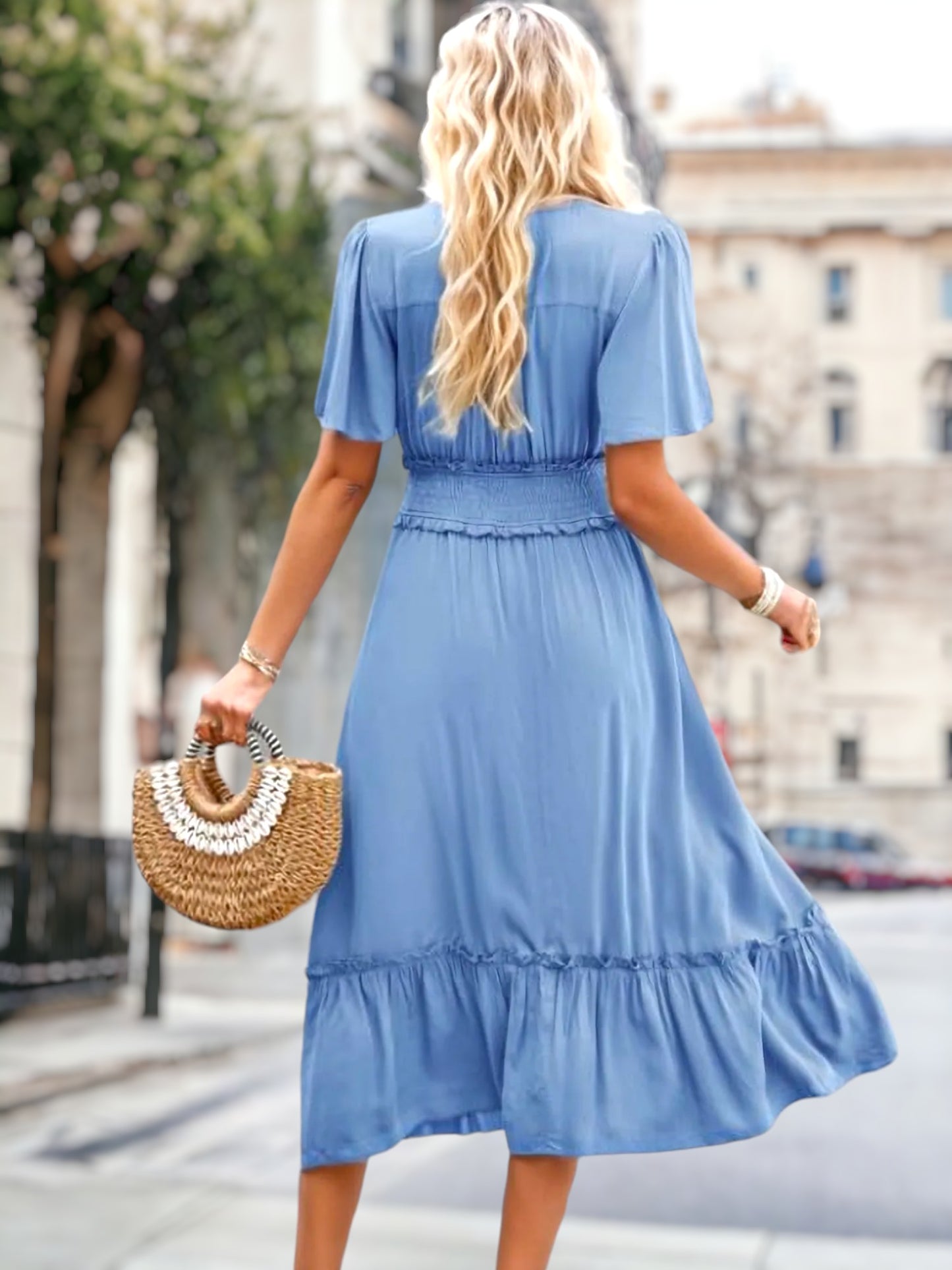 Shirred Waist Ruffle Hem Dress