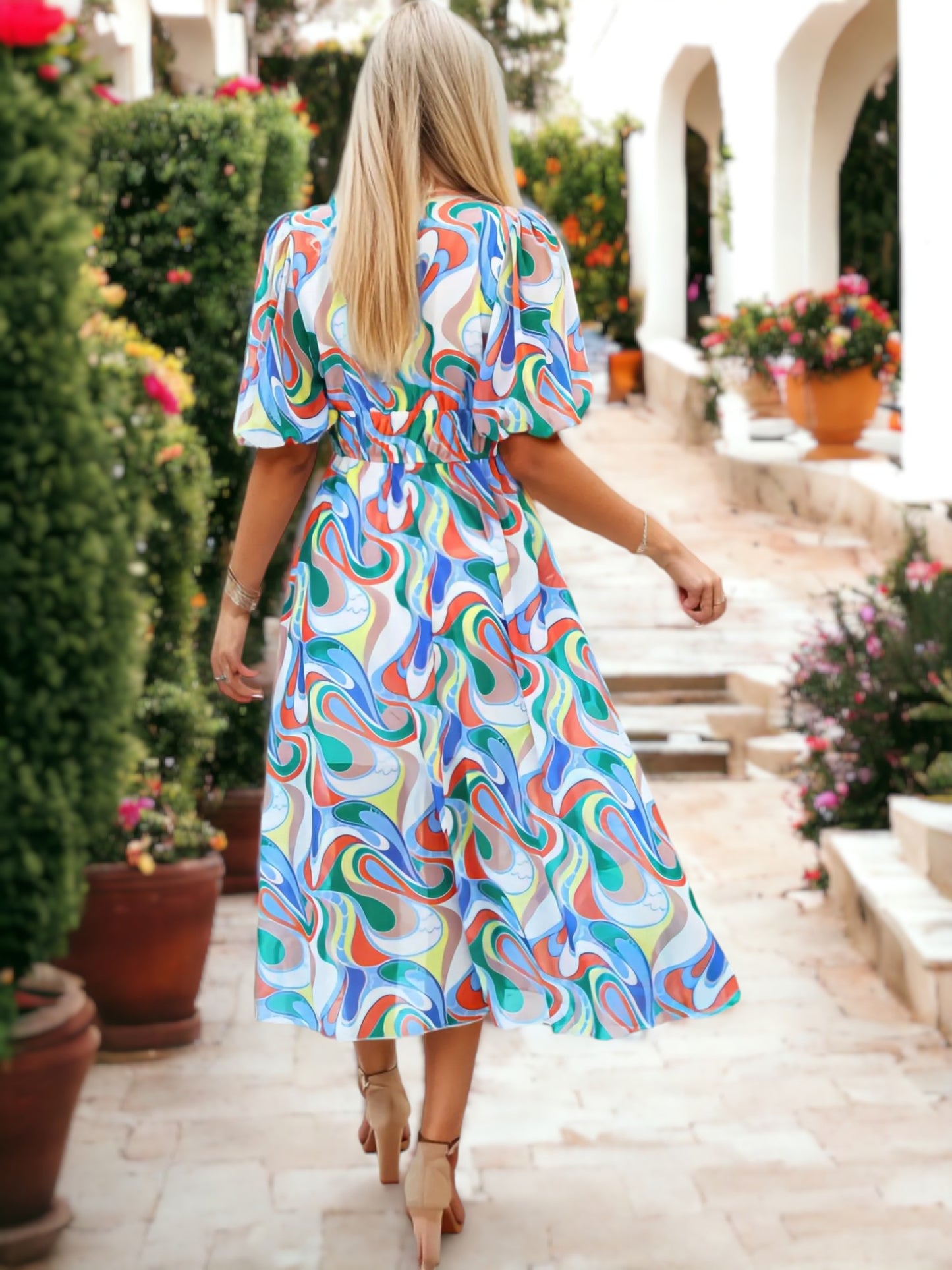 Casual Floral Printed V-Neck Puffed Sleeve Maxi Dress