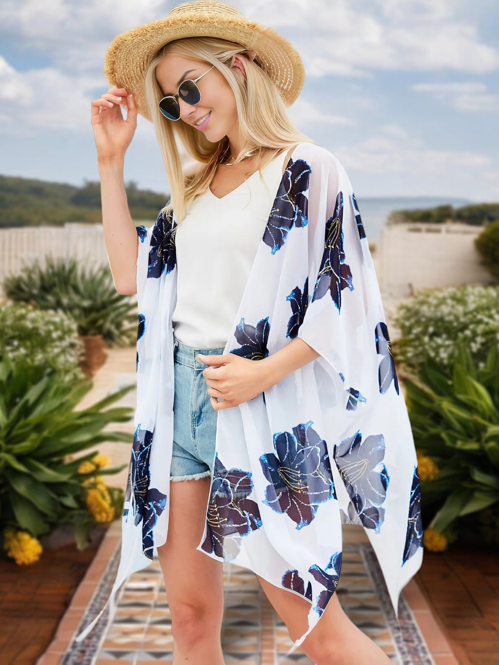Cárdigan tipo kimono con estampado floral para mujer de Anna-Kaci, frente abierto y tela transparente liviana