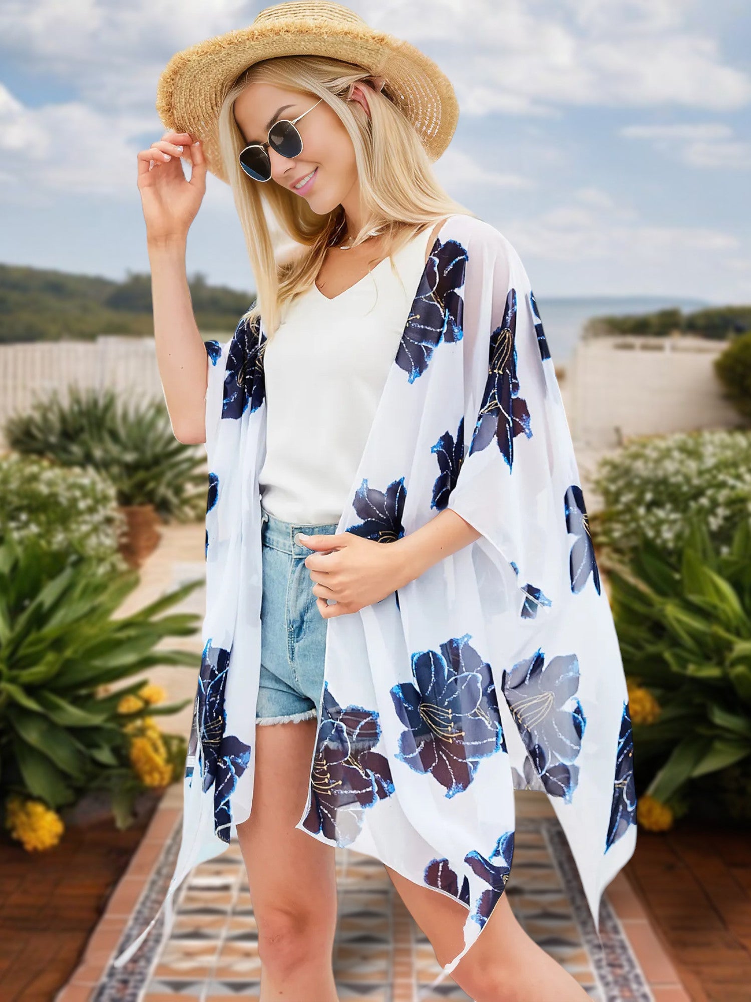 Cárdigan tipo kimono con estampado floral para mujer de Anna-Kaci, frente abierto y tela transparente liviana