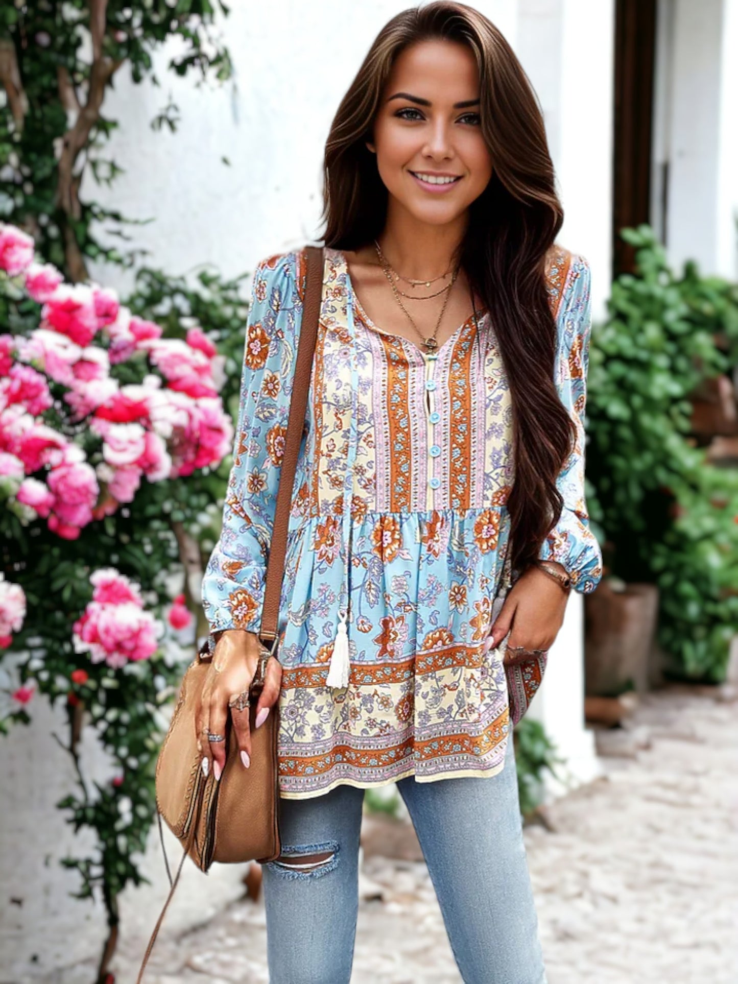Blusa de manga larga con cuello en V y estampado bohemio de cachemira