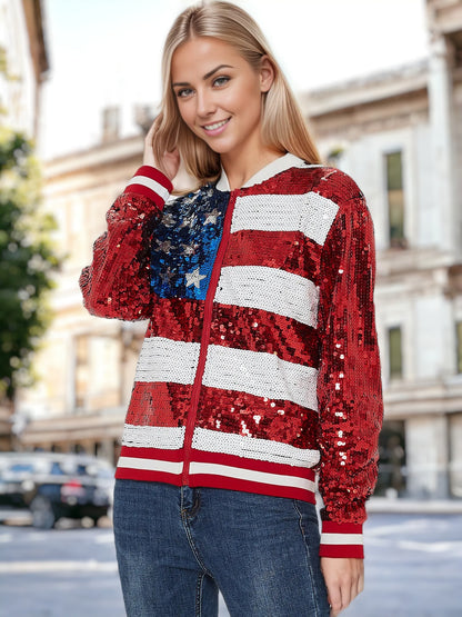 Chaqueta bomber con cremallera y lentejuelas con la bandera estadounidense 