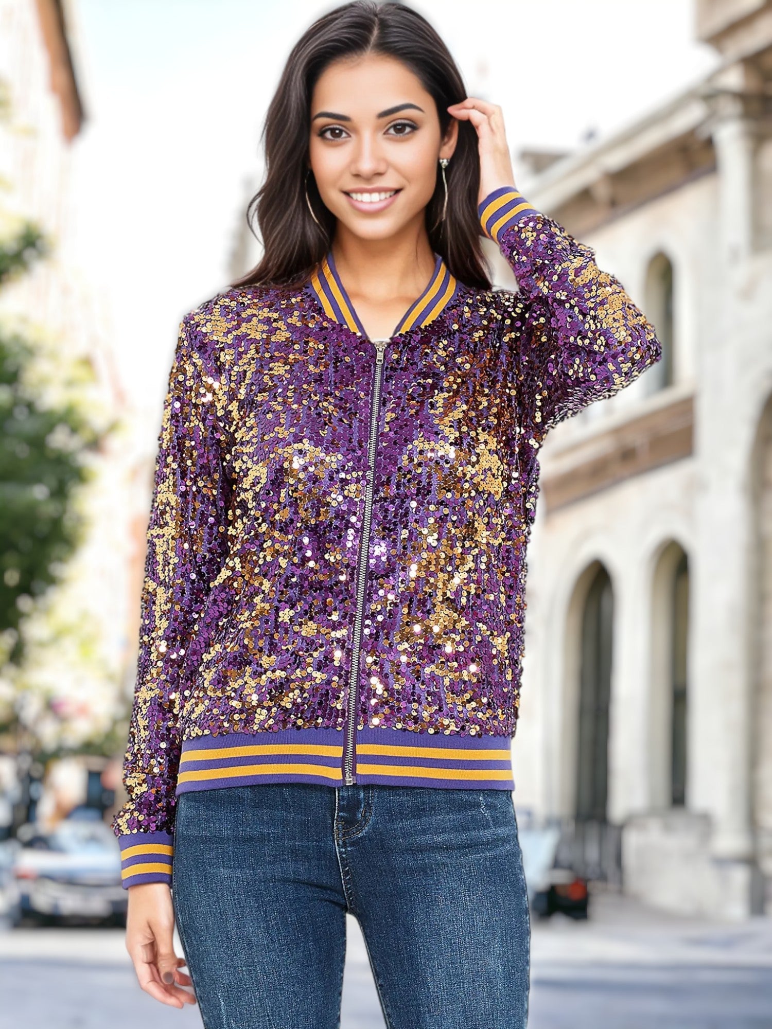 Sequin Stripe Cuff Bomber Zip-Up Jacket Varsity