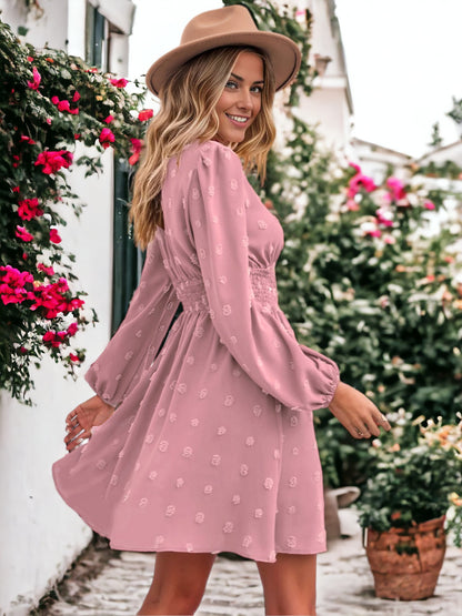 Clip Dot Shirred Waist Dress