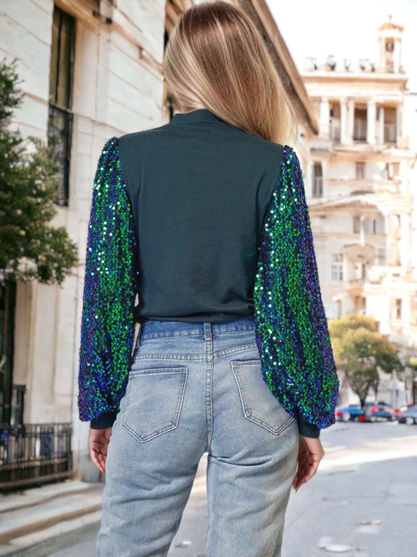 Sequin Puffed Long Sleeve Mock Neck Pullover