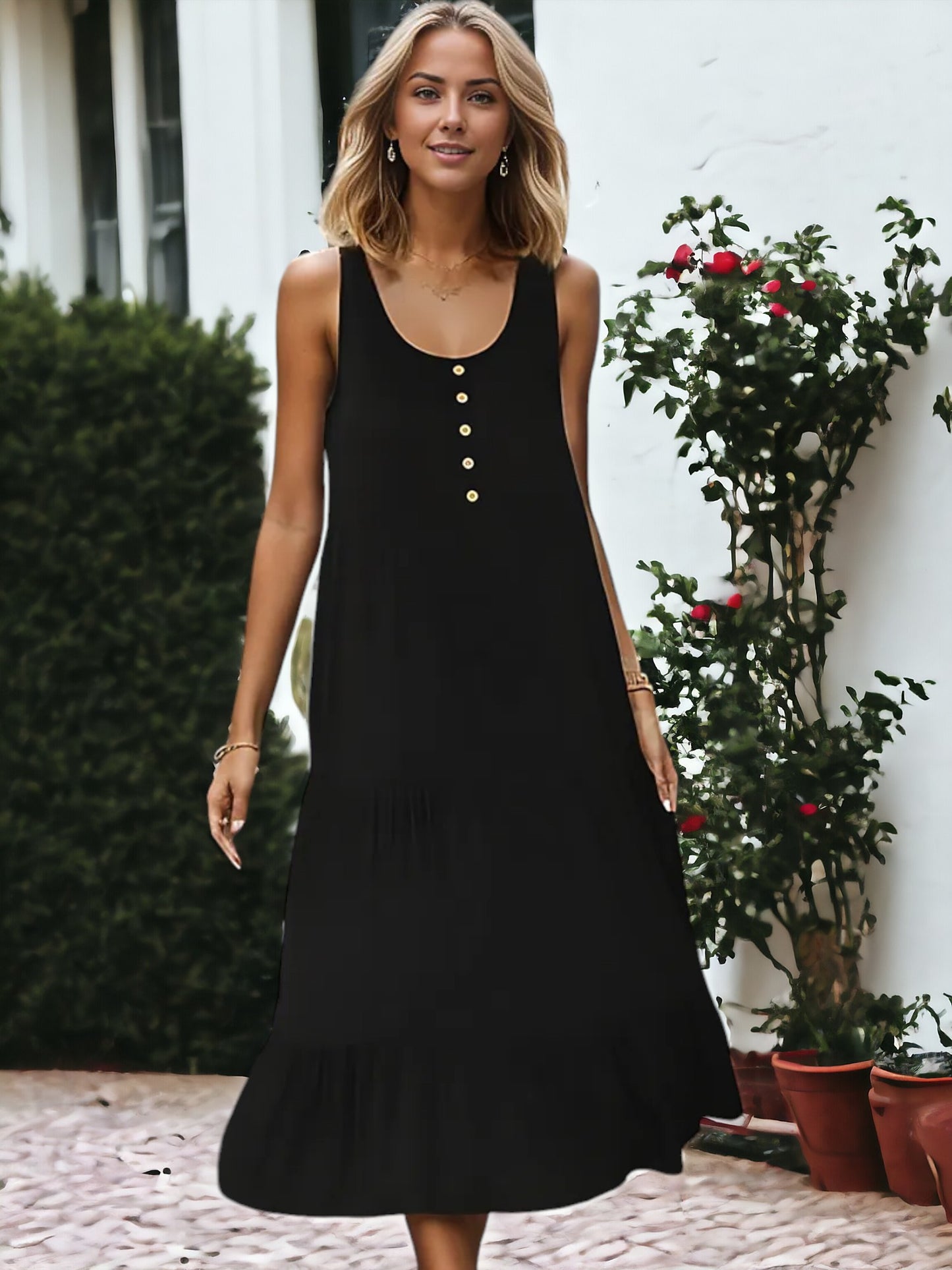 Vestido midi sin mangas con botones en la parte delantera, corte A y capas