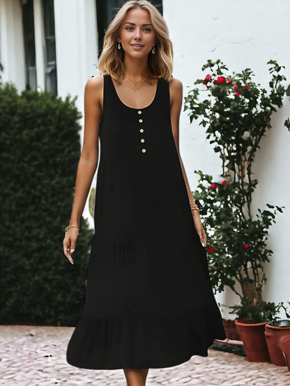 Vestido midi sin mangas con botones en la parte delantera, corte A y capas