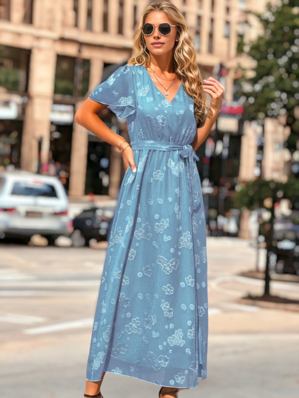 Vestido cruzado con detalle floral transparente