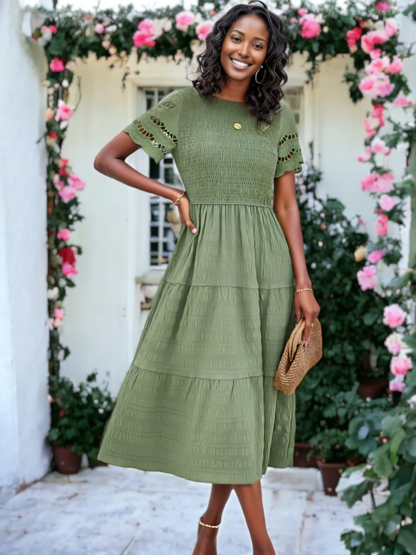 Solid Color Hallow Eyelet Sleeve Tier Midi Dress