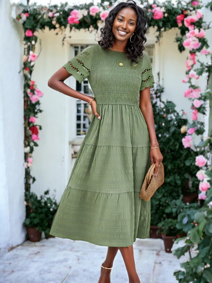 Solid Color Hallow Eyelet Sleeve Tier Midi Dress