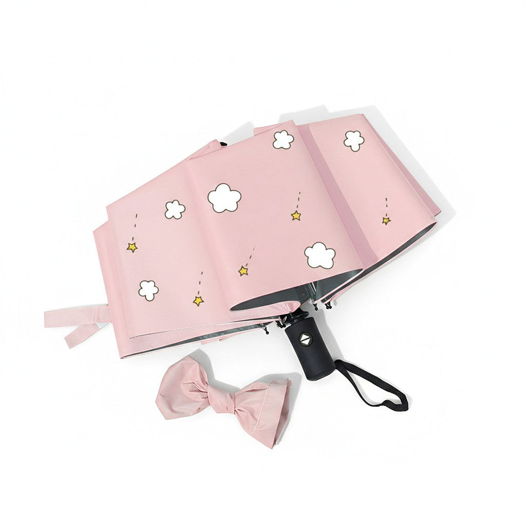 Anna-Kaci Cloud and Star Print Compact Folding Umbrella with Matching Sleeve and Automatic Open