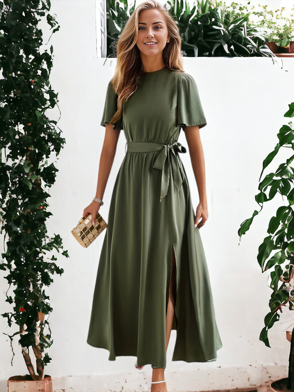 Vestido elegante con abertura alta y lazo en la cintura y mangas abullonadas para mujer