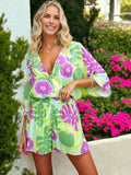 Conjunto de dos piezas con escote en V y solapa con estampado de verano y cintura elástica