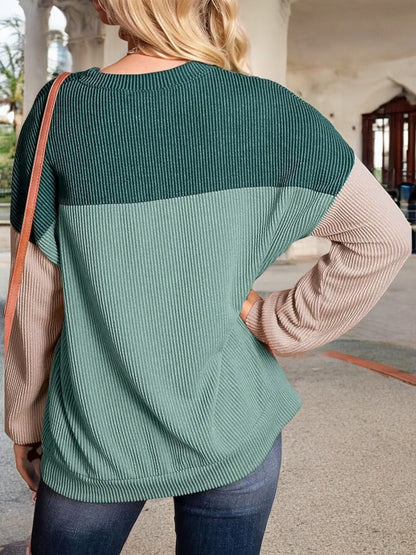 Anna-Kaci Women's Color Block Ribbed Knit Sweater with Long Sleeves and Crew Neckline