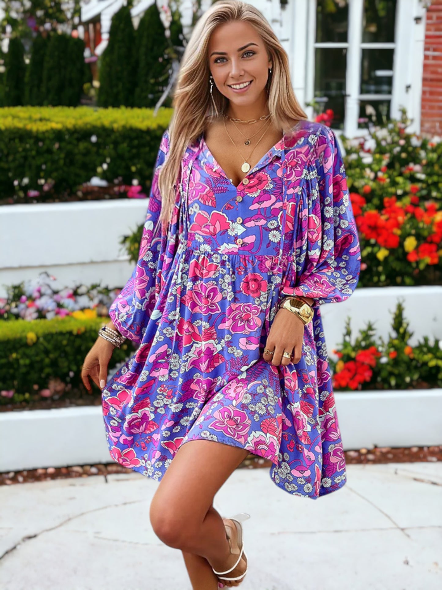 Vestido camisero con mangas de obispo y estampado floral para mujer, para niñas y para ella