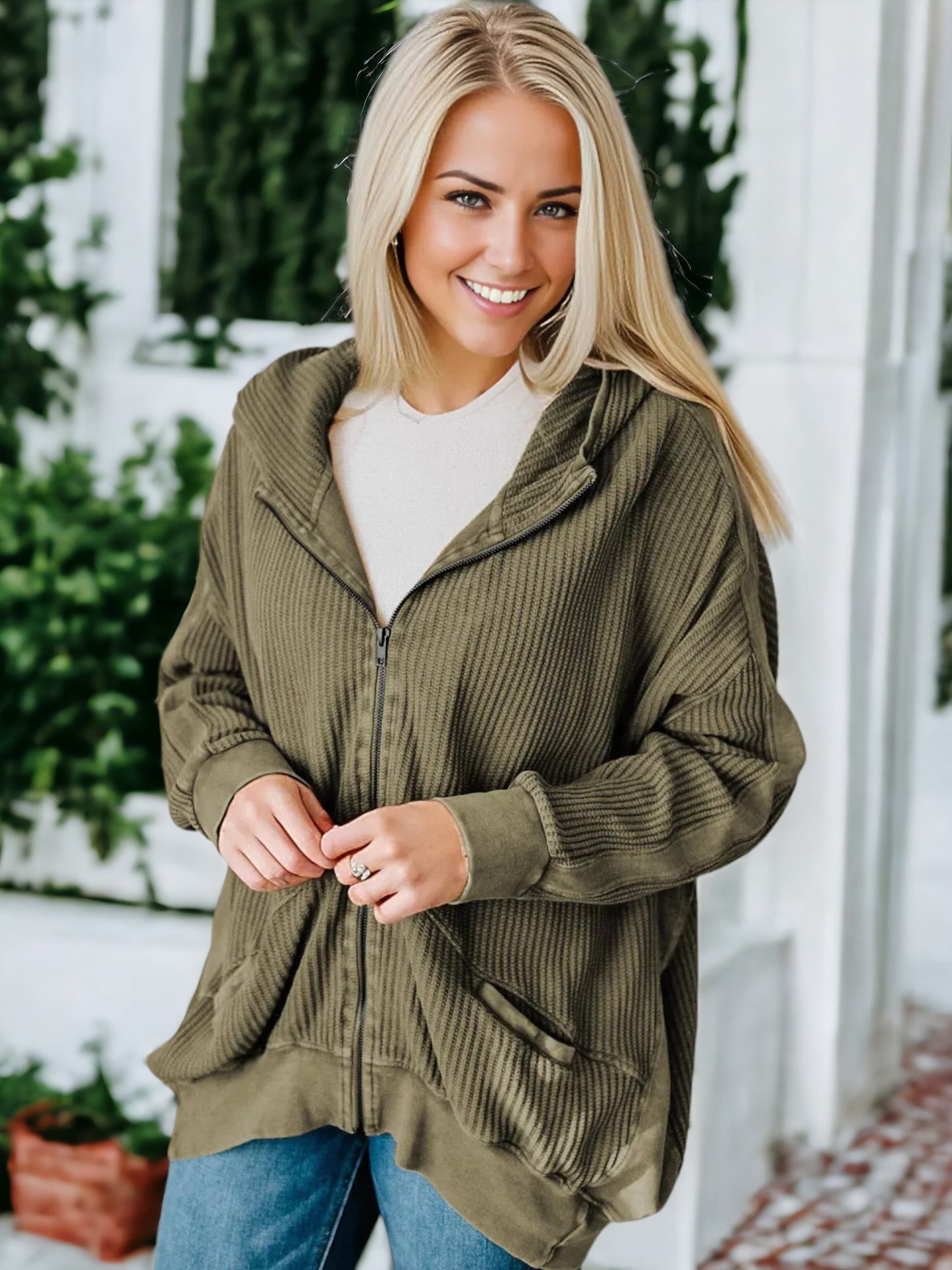 Waffle Knit Textured Hooded Jacket